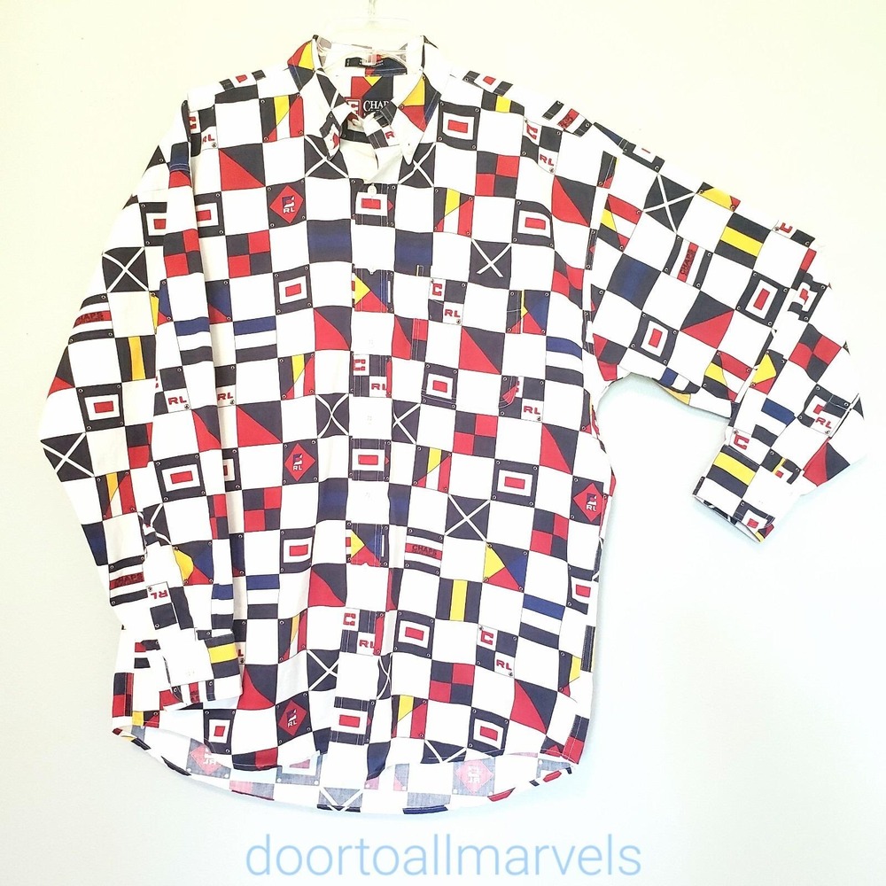 Vtg '90s Chaps Ralph Lauren Shirt All Over Print Loud Men sz Large 100%Cotton